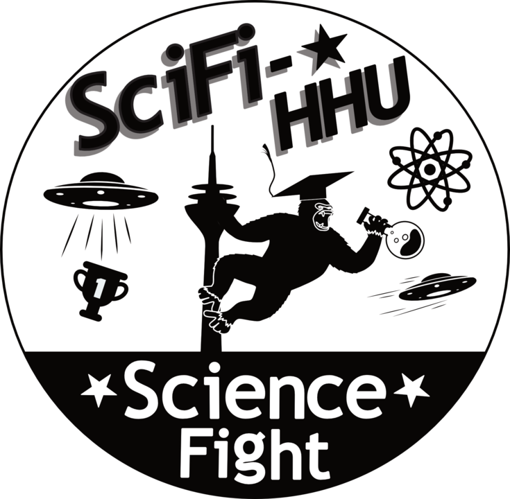 Das Logo des Science Fight HHU zeigt einen Gorilla mit Doktorhut, der wie King Kong am Düsseldorfer Fernsehturm hängt.